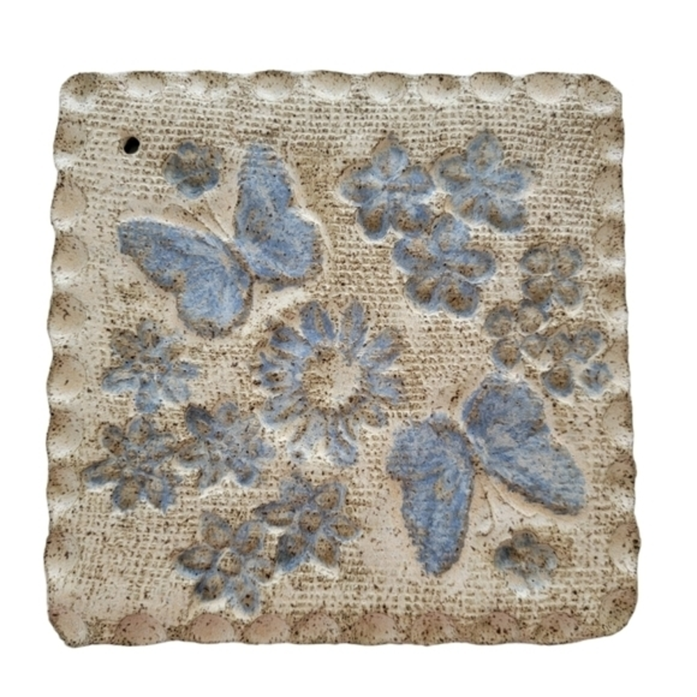 Pottery sign‎ plaque blue and beige flowers butterflies 8 inch square